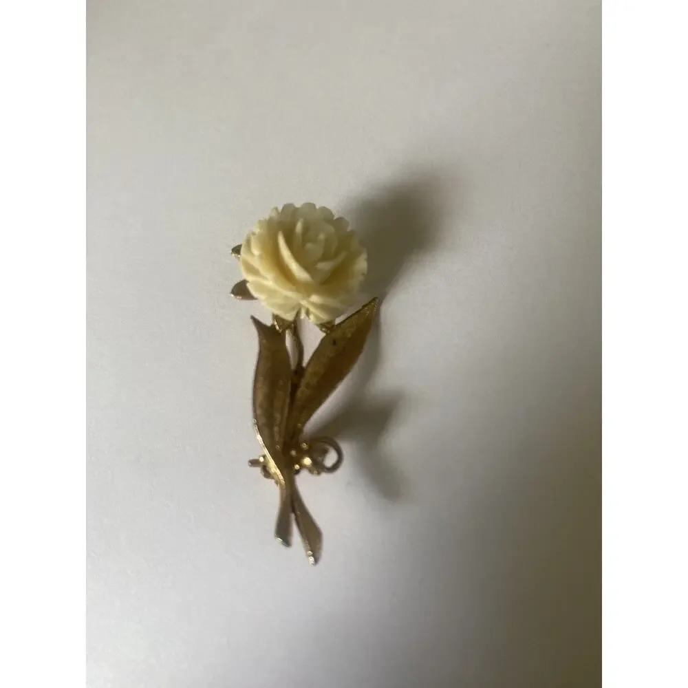 Vintage White Rose Pin Gold Tone Rhinestone Accent Nature Garden Trees Flowers